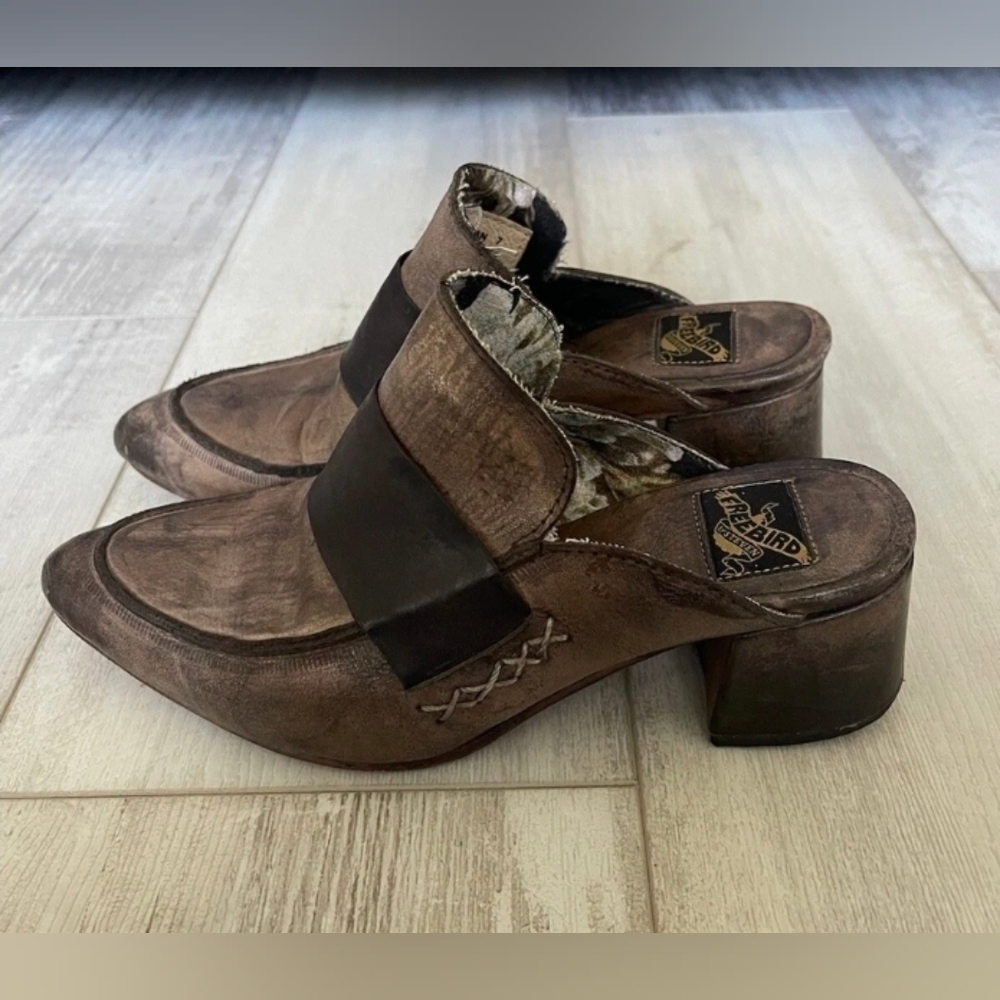 freebird Brown Leather Mule Heels
